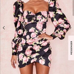 NWT House of CB Floral Corset Puff Sleeve Long Sleeve Black Satin Mini Dress